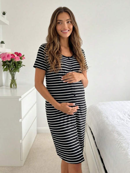 Maternity Striped Short Sleeve Pajama Dress Black Round Neck Casual Sleepwear and Loungewear Tee Dress for Pregnancy