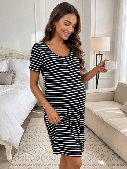 Maternity Striped Short Sleeve Pajama Dress Black Round Neck Casual Sleepwear and Loungewear Tee Dress for Pregnancy
