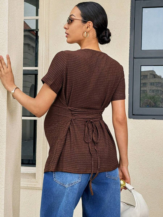 Maternity T-Shirt - Solid Color Minimalist Short Sleeve, Brown