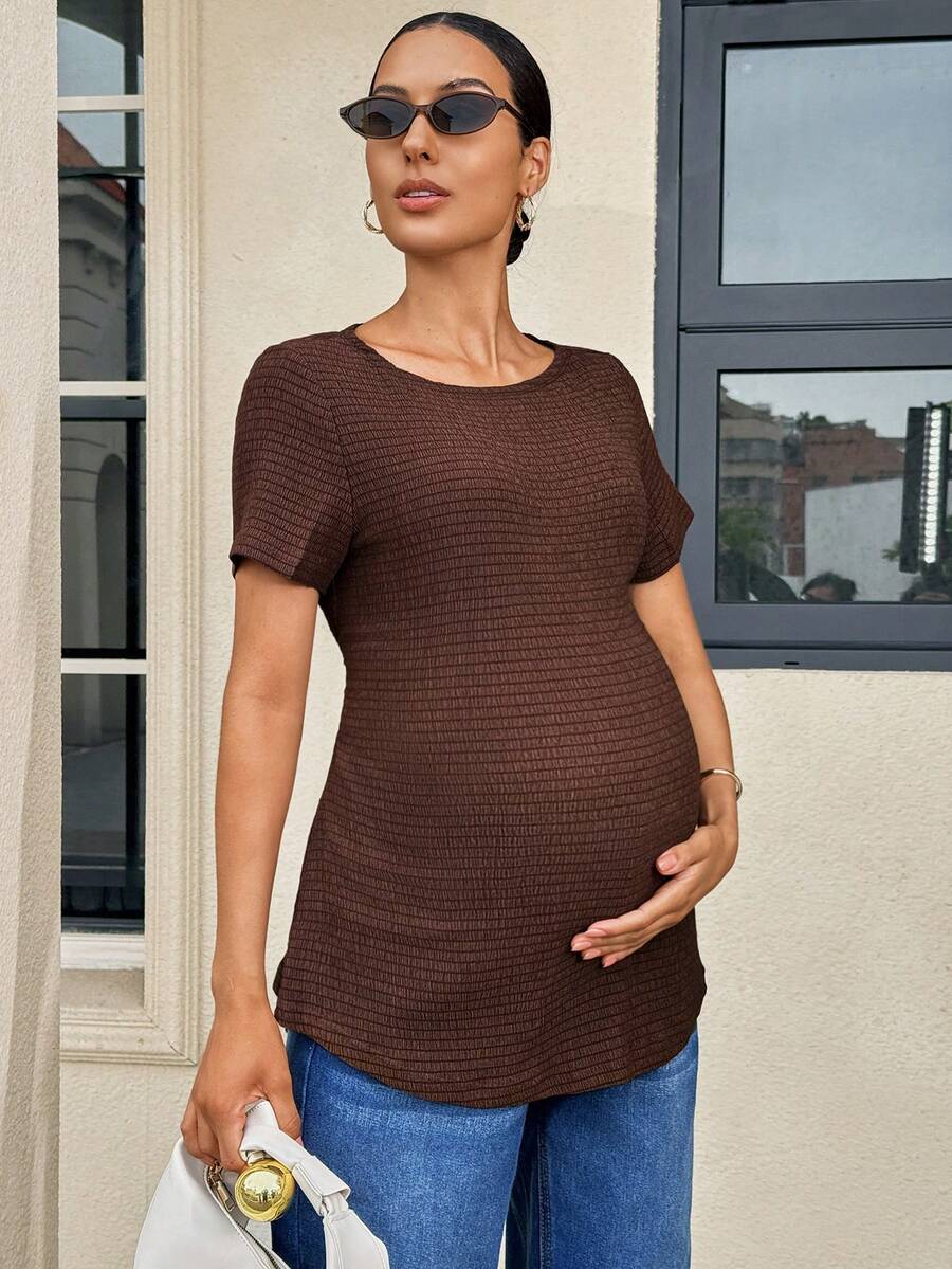 Maternity T-Shirt - Solid Color Minimalist Short Sleeve, Brown
