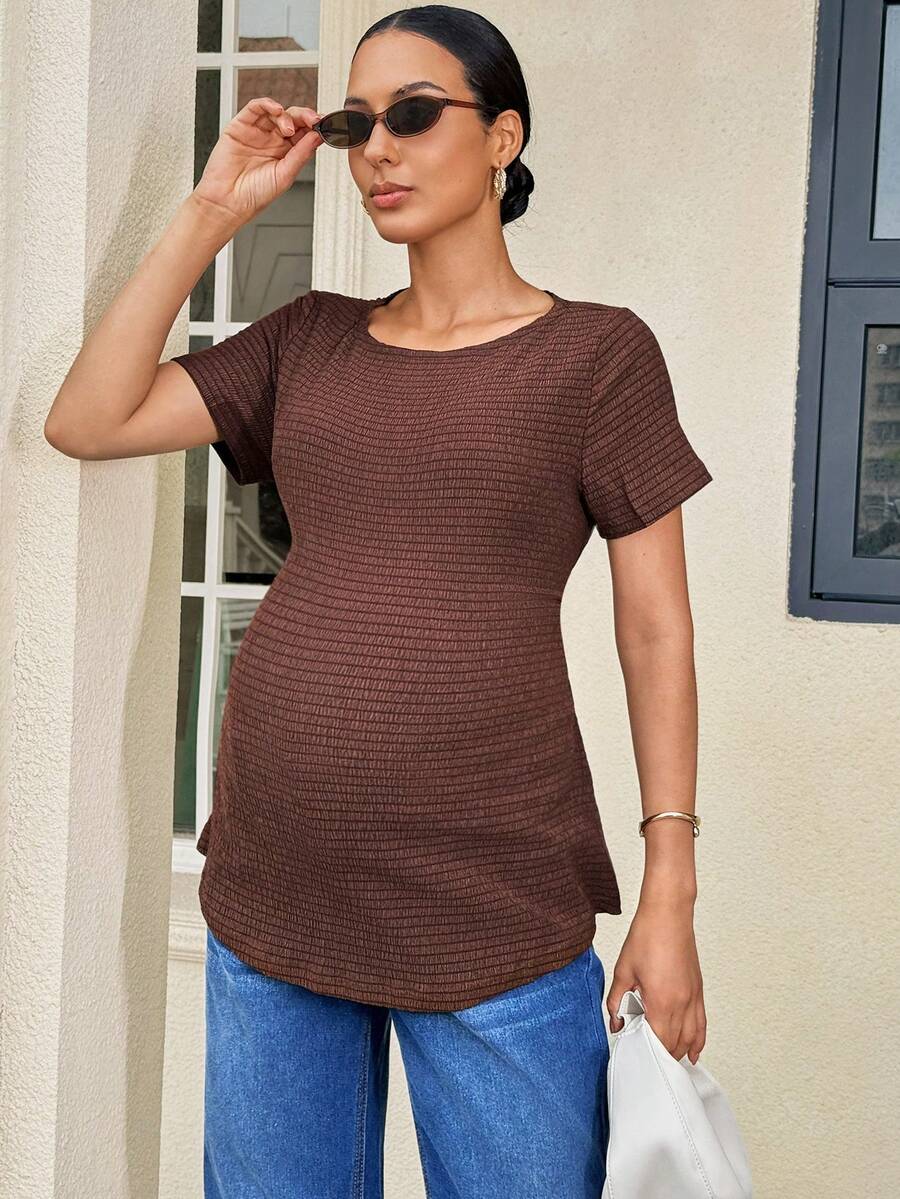 Maternity T-Shirt - Solid Color Minimalist Short Sleeve, Brown