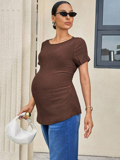 Maternity T-Shirt - Solid Color Minimalist Short Sleeve, Brown