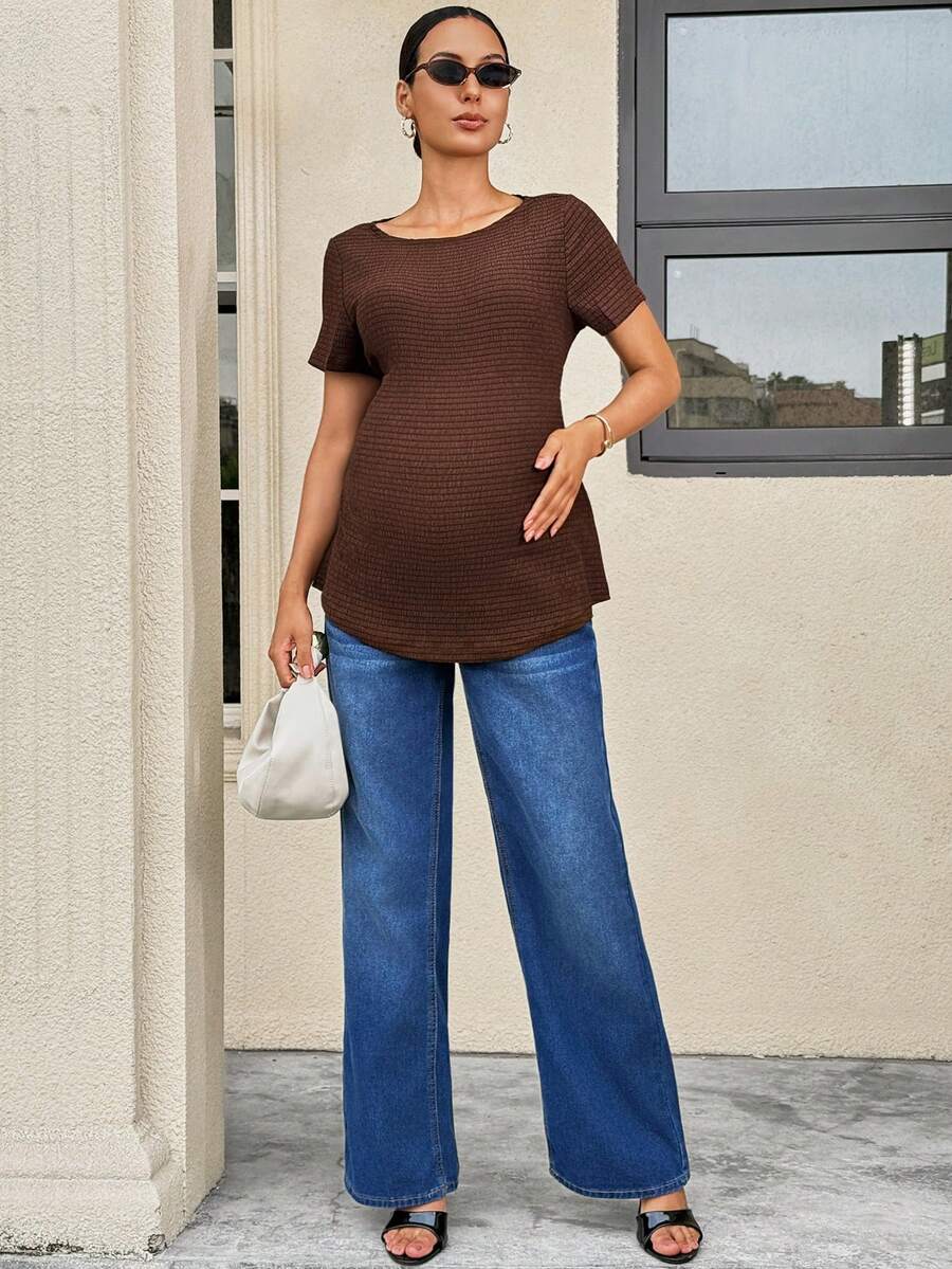 Maternity T-Shirt - Solid Color Minimalist Short Sleeve, Brown
