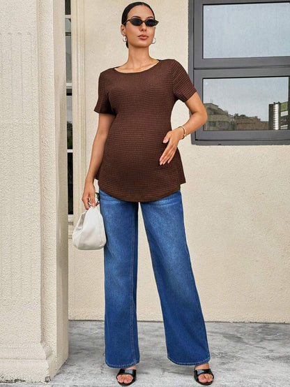 Maternity T-Shirt - Solid Color Minimalist Short Sleeve, Brown