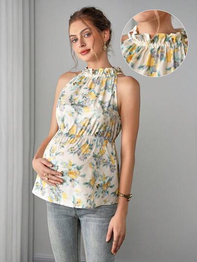 Maternity Floral Tank Top - Stand Collar, Cold Shoulder, Ruffle Hem, Slim Fit, Multicolor