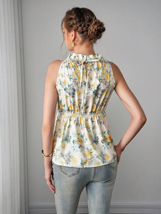 Maternity Floral Tank Top - Stand Collar, Cold Shoulder, Ruffle Hem, Slim Fit, Multicolor