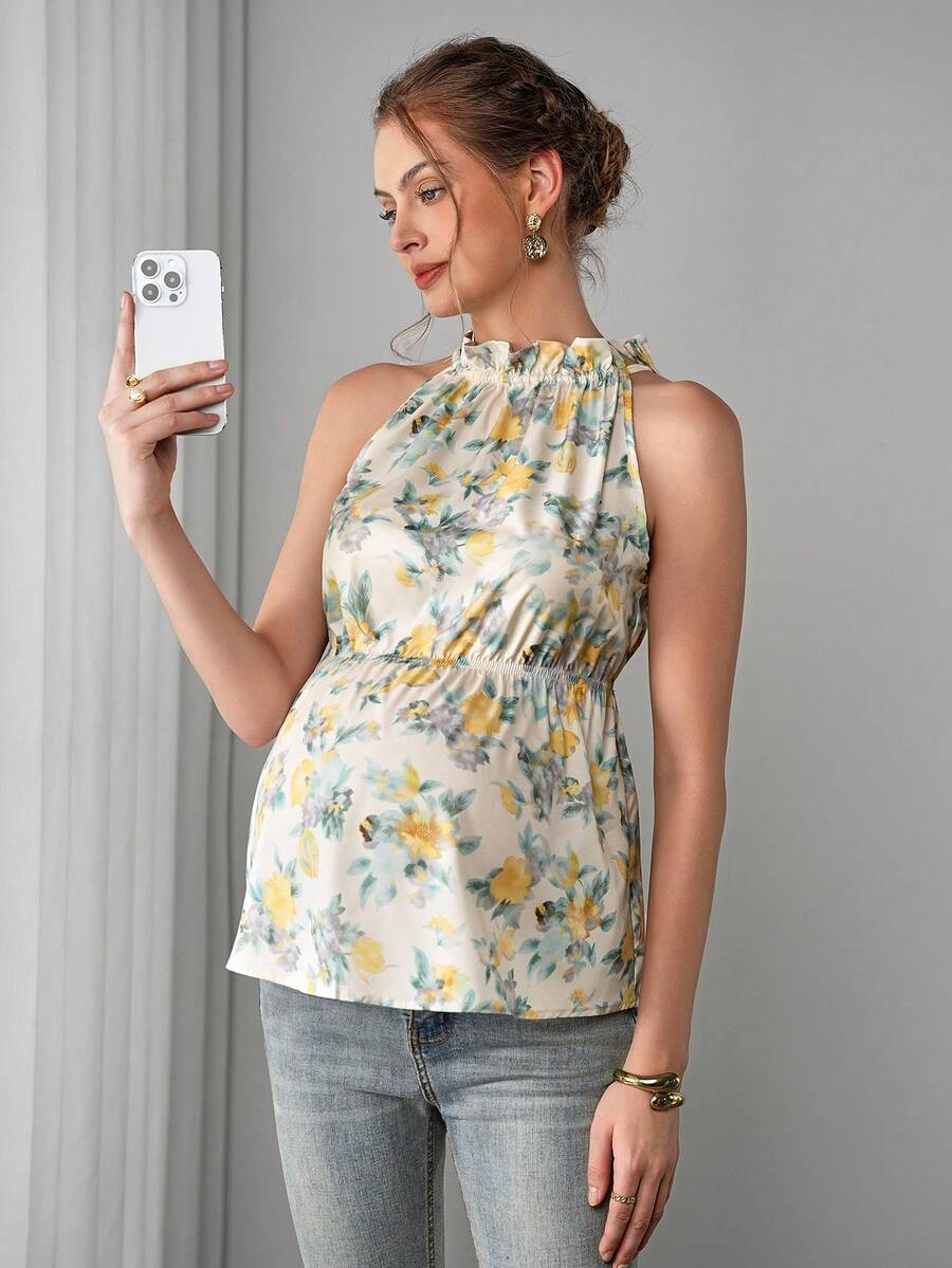 Maternity Floral Tank Top - Stand Collar, Cold Shoulder, Ruffle Hem, Slim Fit, Multicolor
