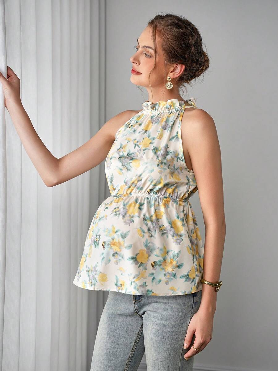Maternity Floral Tank Top - Stand Collar, Cold Shoulder, Ruffle Hem, Slim Fit, Multicolor