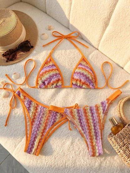 Swim Vcay Women's Swimwear Set, Fashionable Polka Dot Print Trim, Backless, Spaghetti Straps, Tie Waist, Triangle Swim Bottoms, Beach, Casual