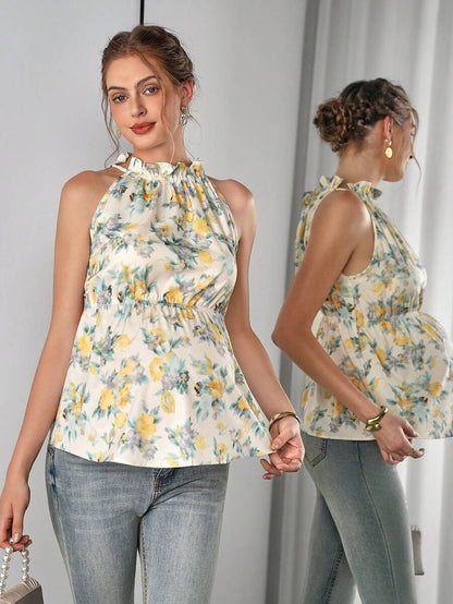 Maternity Floral Tank Top - Stand Collar, Cold Shoulder, Ruffle Hem, Slim Fit, Multicolor