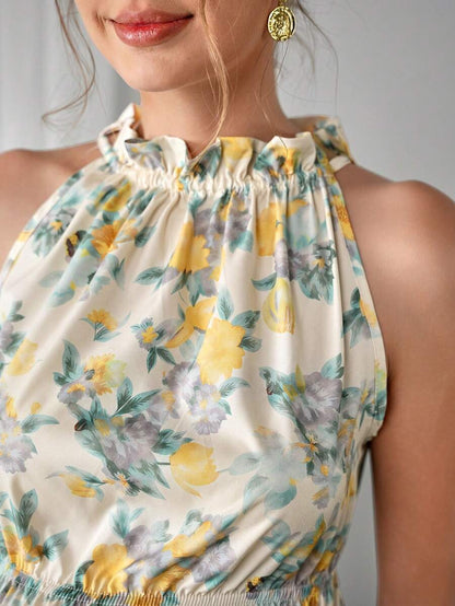 Maternity Floral Tank Top - Stand Collar, Cold Shoulder, Ruffle Hem, Slim Fit, Multicolor