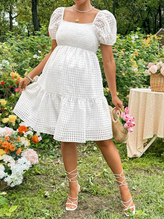 White Jacquard Puff Sleeve A-Line Mini Dress - Boho Square Neck Plaid Summer Vacation Outfit for Women & Maternity
