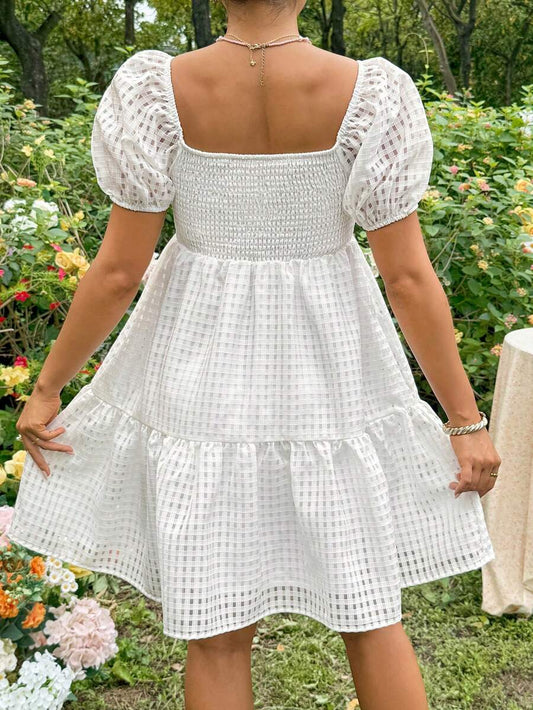 White Jacquard Puff Sleeve A-Line Mini Dress - Boho Square Neck Plaid Summer Vacation Outfit for Women & Maternity