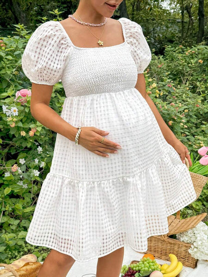 White Jacquard Puff Sleeve A-Line Mini Dress - Boho Square Neck Plaid Summer Vacation Outfit for Women & Maternity