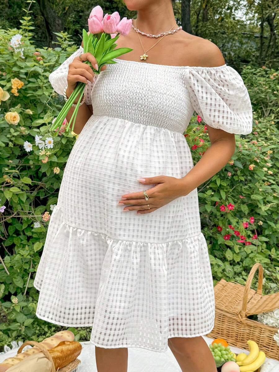 White Jacquard Puff Sleeve A-Line Mini Dress - Boho Square Neck Plaid Summer Vacation Outfit for Women & Maternity