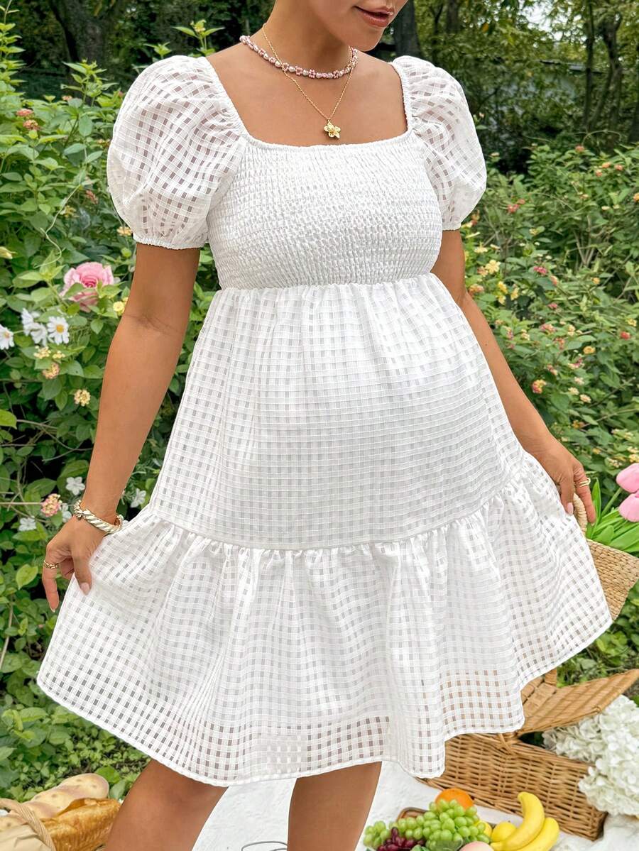 White Jacquard Puff Sleeve A-Line Mini Dress - Boho Square Neck Plaid Summer Vacation Outfit for Women & Maternity