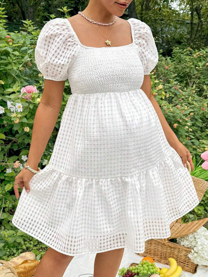 White Jacquard Puff Sleeve A-Line Mini Dress - Boho Square Neck Plaid Summer Vacation Outfit for Women & Maternity