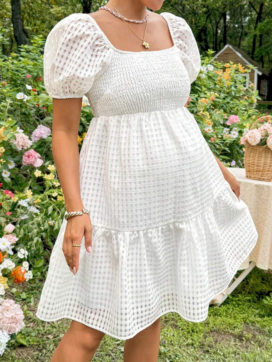 White Jacquard Puff Sleeve A-Line Mini Dress - Boho Square Neck Plaid Summer Vacation Outfit for Women & Maternity