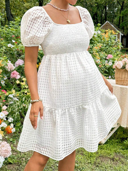 White Jacquard Puff Sleeve A-Line Mini Dress - Boho Square Neck Plaid Summer Vacation Outfit for Women & Maternity