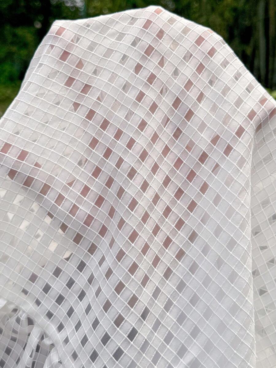 White Jacquard Puff Sleeve A-Line Mini Dress - Boho Square Neck Plaid Summer Vacation Outfit for Women & Maternity