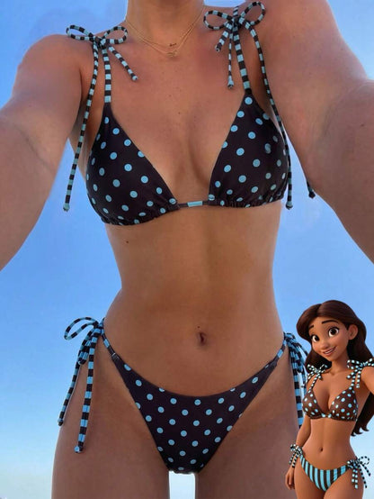 Womens Fashionable Sweet Shoulder Tie Side Bow Bikini Swimwear Removable Padded Two Piece Swimsuit Set