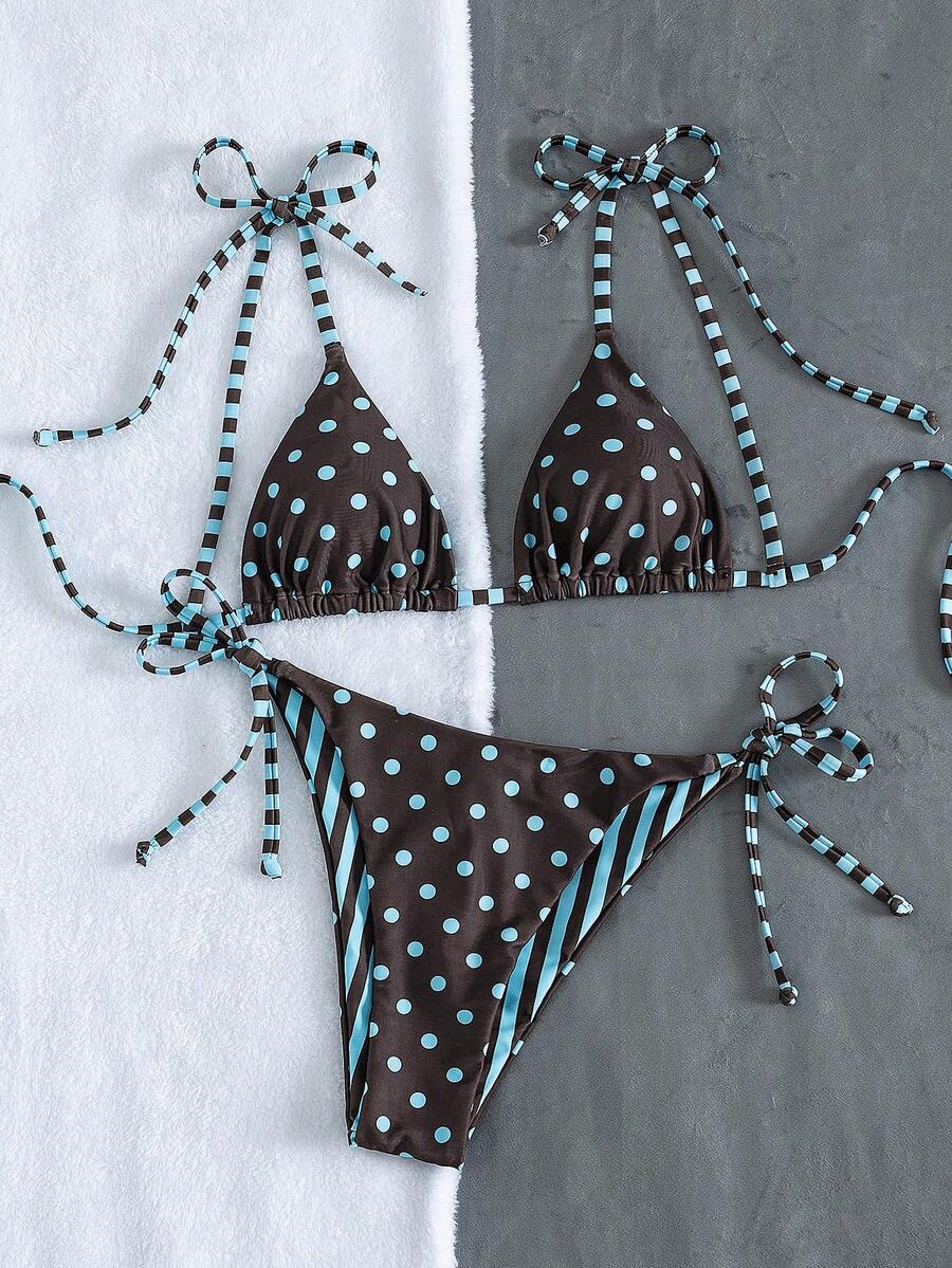 Womens Fashionable Sweet Shoulder Tie Side Bow Bikini Swimwear Removable Padded Two Piece Swimsuit Set