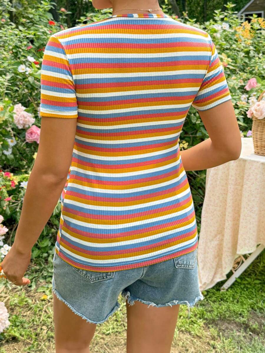 Multicolor Striped V-Neck Maternity Nursing Top – Slim Fit Short Sleeve Knitted Everyday Shirt for Office & Casual Summer Outfits