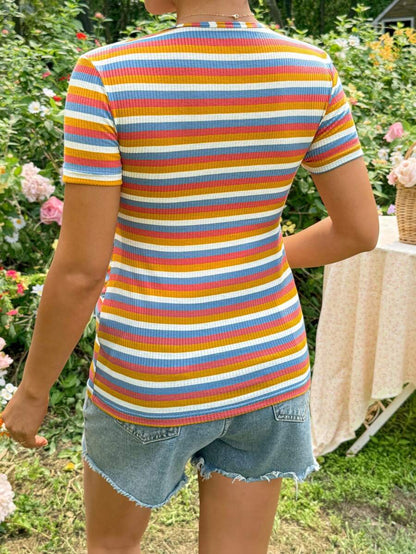 Multicolor Striped V-Neck Maternity Nursing Top – Slim Fit Short Sleeve Knitted Everyday Shirt for Office & Casual Summer Outfits
