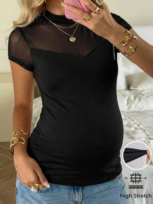 Black Stand Collar Maternity T-Shirt – Slim Fit High Stretch Short Sleeve Knitted Top with Contrast Mesh Detail for Vacation & Everyday Wear