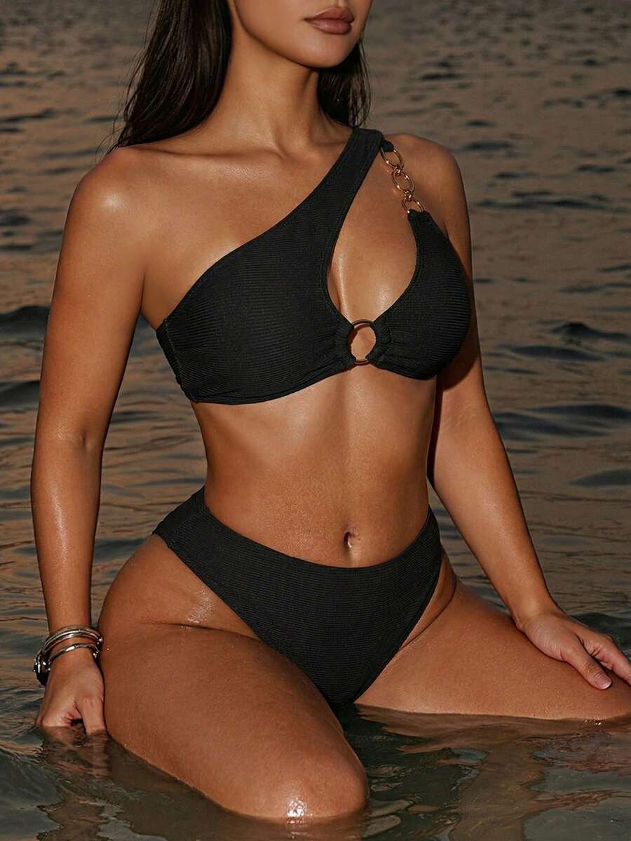 Women's Hollow-Out Monokini Bikini Set - One Shoulder, Chain Link, Asymmetrical Neck, Black