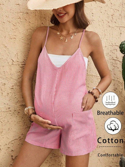Coffee Brown Striped V-Neck Maternity Romper - Sleeveless Cotton Summer Vacation Jumpsuit with Bow Detail and Loose Fit