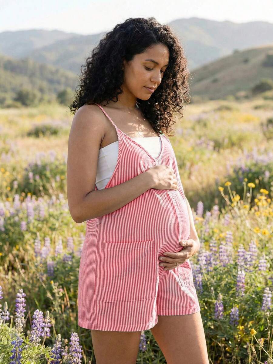 Coffee Brown Striped V-Neck Maternity Romper - Sleeveless Cotton Summer Vacation Jumpsuit with Bow Detail and Loose Fit