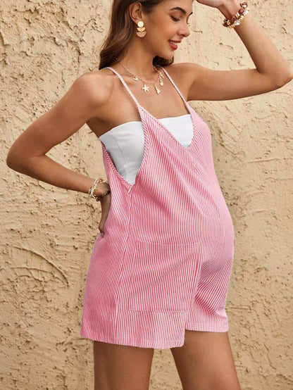 Coffee Brown Striped V-Neck Maternity Romper - Sleeveless Cotton Summer Vacation Jumpsuit with Bow Detail and Loose Fit