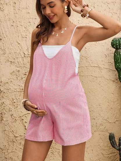 Coffee Brown Striped V-Neck Maternity Romper - Sleeveless Cotton Summer Vacation Jumpsuit with Bow Detail and Loose Fit