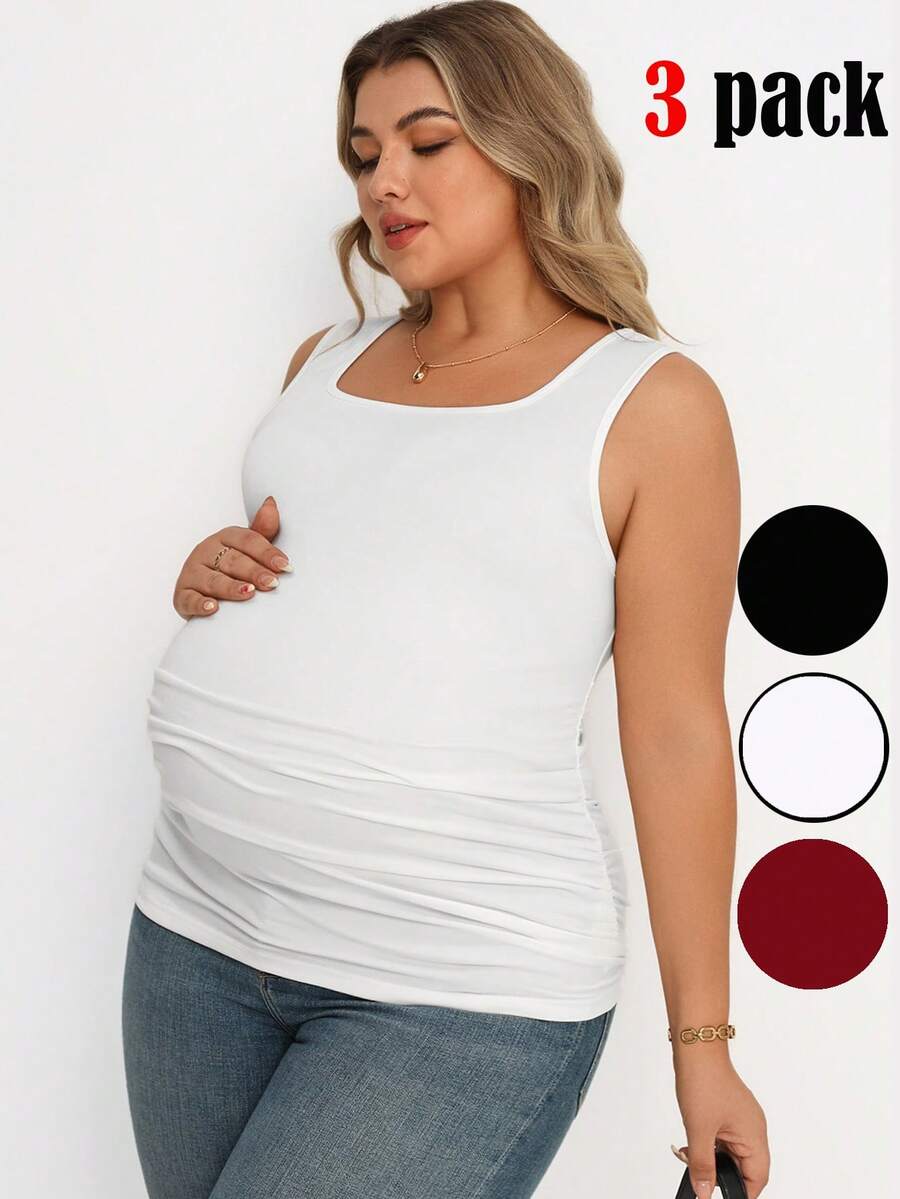 Maternity Plus Size 3-Piece Casual Set - Square Neck, Pleated, Slim Fit, Multicolor