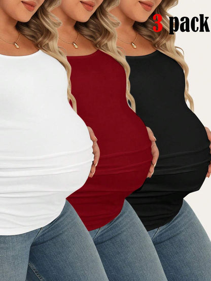 Maternity Plus Size 3-Piece Casual Set - Square Neck, Pleated, Slim Fit, Multicolor