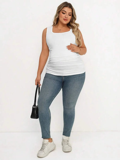 Maternity Plus Size 3-Piece Casual Set - Square Neck, Pleated, Slim Fit, Multicolor