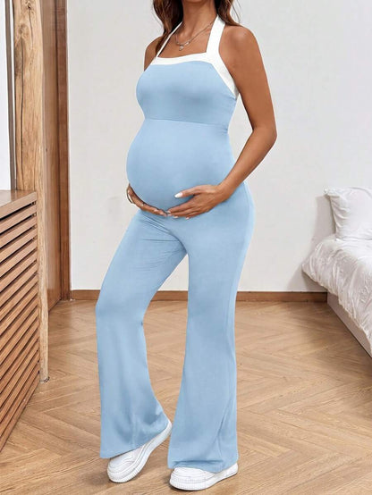 Baby Blue Maternity Contrast Color Halter Jumpsuit - Backless Sleeveless Fitted Long Romper - Breathable Knitted Holiday Outfit for Women