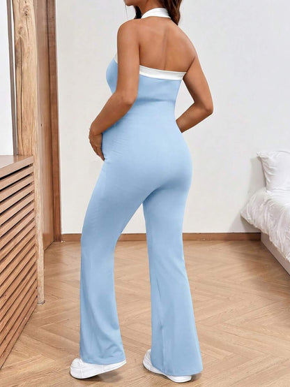 Baby Blue Maternity Contrast Color Halter Jumpsuit - Backless Sleeveless Fitted Long Romper - Breathable Knitted Holiday Outfit for Women
