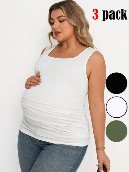 Maternity Plus Size 3-Piece Casual Set - Square Neck, Pleated, Slim Fit, Multicolor