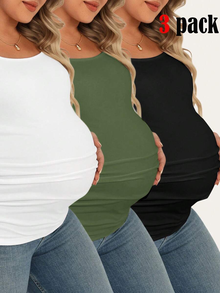 Maternity Plus Size 3-Piece Casual Set - Square Neck, Pleated, Slim Fit, Multicolor
