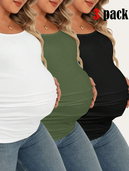 Maternity Plus Size 3-Piece Casual Set - Square Neck, Pleated, Slim Fit, Multicolor