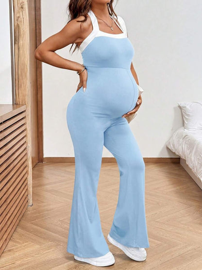 Baby Blue Maternity Contrast Color Halter Jumpsuit - Backless Sleeveless Fitted Long Romper - Breathable Knitted Holiday Outfit for Women