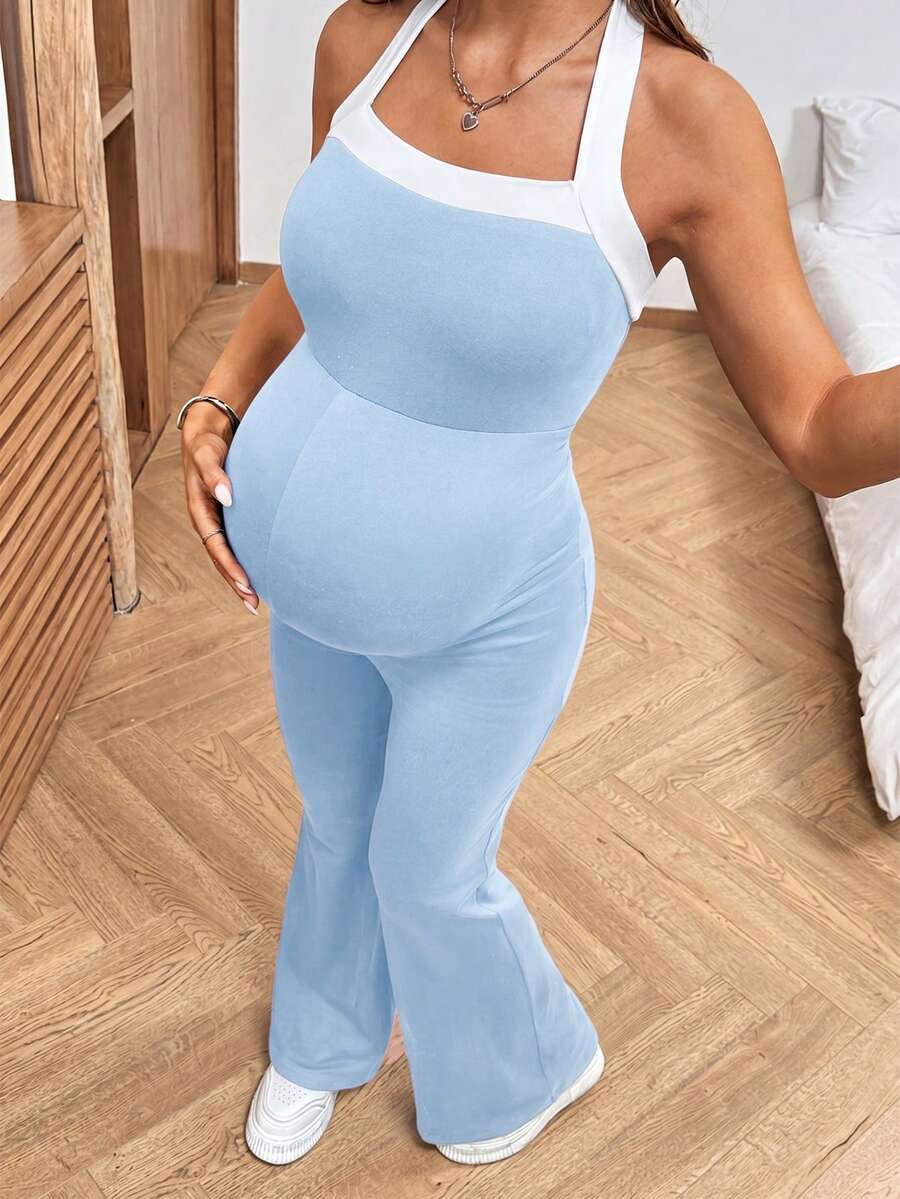 Baby Blue Maternity Contrast Color Halter Jumpsuit - Backless Sleeveless Fitted Long Romper - Breathable Knitted Holiday Outfit for Women