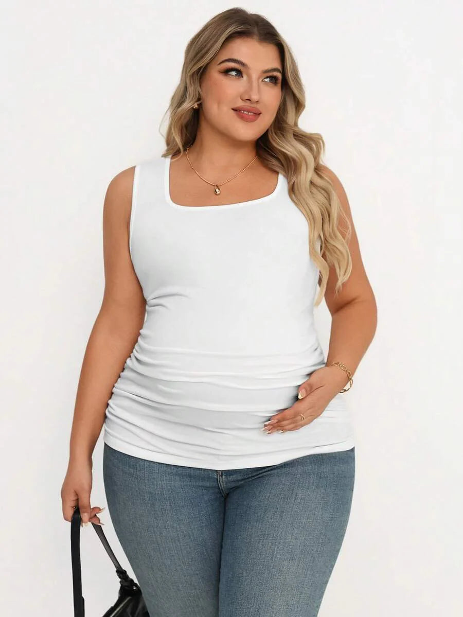 Maternity Plus Size 3-Piece Casual Set - Square Neck, Pleated, Slim Fit, Multicolor