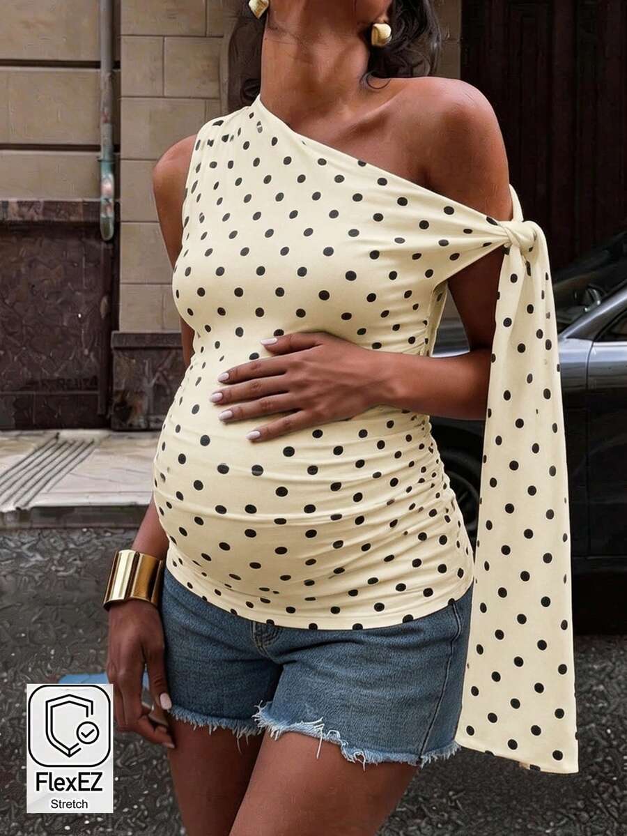 Polka Dot Maternity Twist Front Asymmetric Neck T-Shirt - Sleeveless Lace Up Split Sleeve Stylish Holiday Top