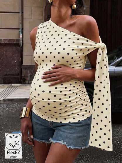 Polka Dot Maternity Twist Front Asymmetric Neck T-Shirt - Sleeveless Lace Up Split Sleeve Stylish Holiday Top