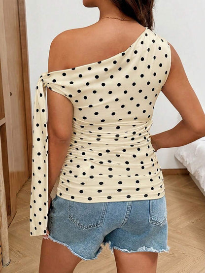 Polka Dot Maternity Twist Front Asymmetric Neck T-Shirt - Sleeveless Lace Up Split Sleeve Stylish Holiday Top