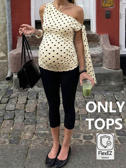 Polka Dot Maternity Twist Front Asymmetric Neck T-Shirt - Sleeveless Lace Up Split Sleeve Stylish Holiday Top