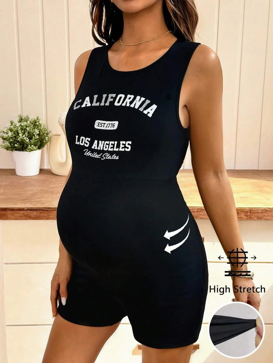 Black Letter Print Maternity Unitard Romper – High Stretch Sleeveless Graphic Bodycon Biker Short Jumpsuit for Casual Daily Wear